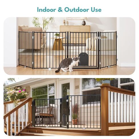 No Pawblems Dog Gate with Cat Door, Free Standing 30'' Tall Foldable Dog Fence for Indoor & Outdoor, Up to 156 Inch Extra Wide Puppy Gate for Stairs, Hallways, Doorways, Deck, Yard (Black, 6 Panels) in Kuwait
