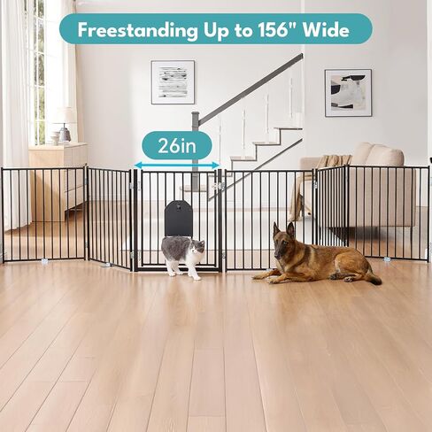 No Pawblems Dog Gate with Cat Door, Free Standing 30'' Tall Foldable Dog Fence for Indoor & Outdoor, Up to 156 Inch Extra Wide Puppy Gate for Stairs, Hallways, Doorways, Deck, Yard (Black, 6 Panels) in Kuwait
