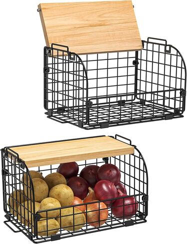 2 Set Stackable Wire Basket with Openable Top, Kitchen Counter, Pantry Organizer and Storage Produce Onion Potato Fruits Vegs Bread Food Snack Spice Organizing Bin for Cabinet Shelf Countertop Floor in Kuwait