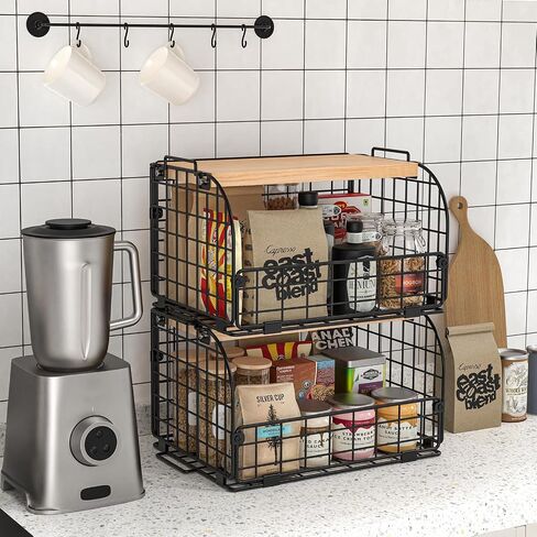 2 Set Stackable Wire Basket with Openable Top, Kitchen Counter, Pantry Organizer and Storage Produce Onion Potato Fruits Vegs Bread Food Snack Spice Organizing Bin for Cabinet Shelf Countertop Floor in Kuwait