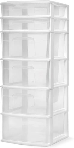 HOMZ Drawer Tower, 6-Tier Clear Plastic Storage Organizer Cart, White Frame - Heavy-Duty Organizing Drawers for Home, Bathroom, Kitchen, Cabinet, Pantry, and Office Organization in Kuwait