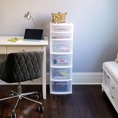 HOMZ Drawer Tower, 6-Tier Clear Plastic Storage Organizer Cart, White Frame - Heavy-Duty Organizing Drawers for Home, Bathroom, Kitchen, Cabinet, Pantry, and Office Organization in Kuwait