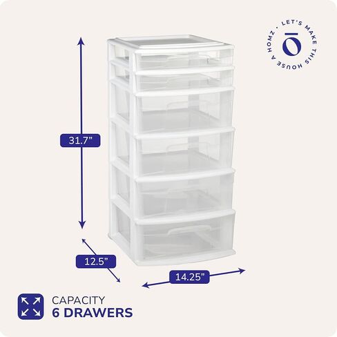 HOMZ Drawer Tower, 6-Tier Clear Plastic Storage Organizer Cart, White Frame - Heavy-Duty Organizing Drawers for Home, Bathroom, Kitchen, Cabinet, Pantry, and Office Organization in Kuwait