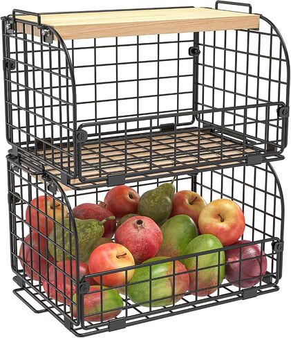 2 Set Stackable Wire Basket with Openable Top, Kitchen Counter, Pantry Organizer and Storage Produce Onion Potato Fruits Vegs Bread Food Snack Spice Organizing Bin for Cabinet Shelf Countertop Floor in Kuwait