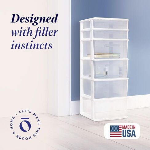 HOMZ Drawer Tower, 6-Tier Clear Plastic Storage Organizer Cart, White Frame - Heavy-Duty Organizing Drawers for Home, Bathroom, Kitchen, Cabinet, Pantry, and Office Organization in Kuwait