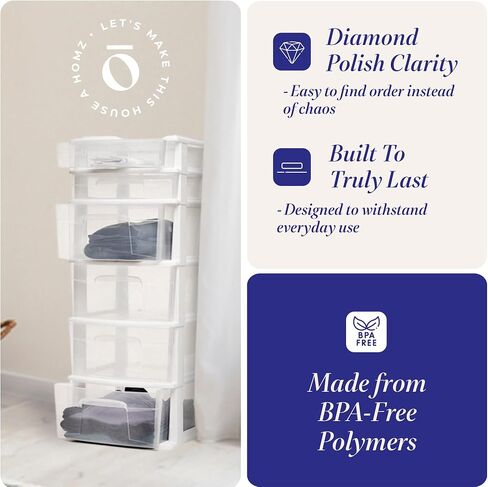 HOMZ Drawer Tower, 6-Tier Clear Plastic Storage Organizer Cart, White Frame - Heavy-Duty Organizing Drawers for Home, Bathroom, Kitchen, Cabinet, Pantry, and Office Organization in Kuwait