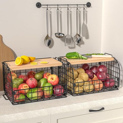 2 Set Stackable Wire Basket with Openable Top, Kitchen Counter, Pantry Organizer and Storage Produce Onion Potato Fruits Vegs Bread Food Snack Spice Organizing Bin for Cabinet Shelf Countertop Floor in Kuwait