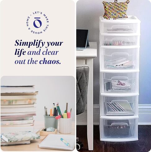HOMZ Drawer Tower, 6-Tier Clear Plastic Storage Organizer Cart, White Frame - Heavy-Duty Organizing Drawers for Home, Bathroom, Kitchen, Cabinet, Pantry, and Office Organization in Kuwait