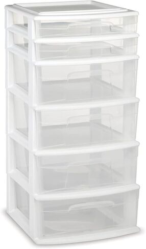 HOMZ Drawer Tower, 6-Tier Clear Plastic Storage Organizer Cart, White Frame - Heavy-Duty Organizing Drawers for Home, Bathroom, Kitchen, Cabinet, Pantry, and Office Organization in Kuwait