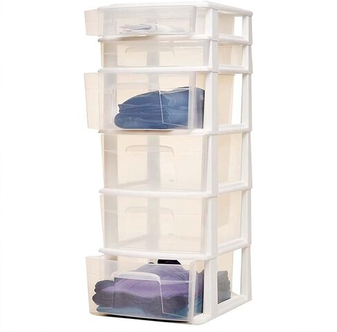 HOMZ Drawer Tower, 6-Tier Clear Plastic Storage Organizer Cart, White Frame - Heavy-Duty Organizing Drawers for Home, Bathroom, Kitchen, Cabinet, Pantry, and Office Organization in Kuwait