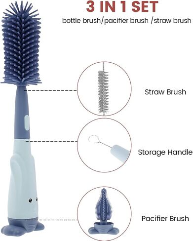 3Pcs Bottle Brush Set Lone Handle Silicone Bottle and Teat Cleaning Brush with Stand Portable Straw Cleaner Brush Nipples Brush Reusable Bottle Cleaner Brush for Bottles Home in Kuwait