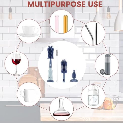 3Pcs Bottle Brush Set Lone Handle Silicone Bottle and Teat Cleaning Brush with Stand Portable Straw Cleaner Brush Nipples Brush Reusable Bottle Cleaner Brush for Bottles Home in Kuwait
