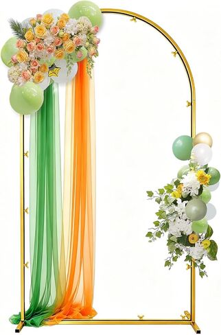 6 ft Wedding Arch Backdrop Stand, Gold Metal Party Background Frame | For ceremony, baby shower, birthday, bridal, photo booth. Sturdy square base & ground nails for garden & balloon decoration. in Kuwait