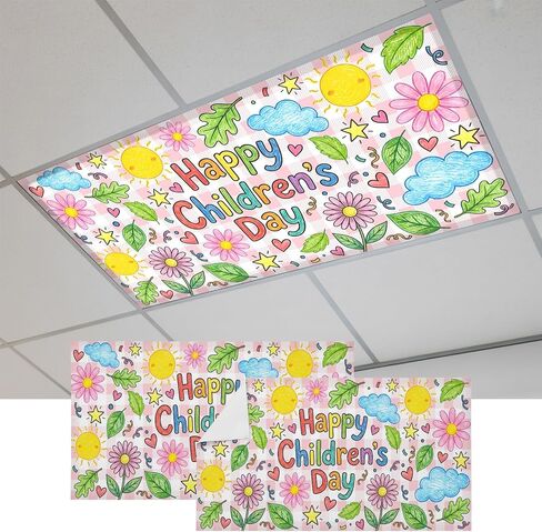 Fluorescent Light Covers, Children's Day Magnetic Light Covers for Ceiling Lights, Cartoon Cute Flowers Leaf Pink Plaid Fluorescent Ceiling Shade Filters for Classroom Bedroom Office 4x2Ft x 2PCS in Kuwait