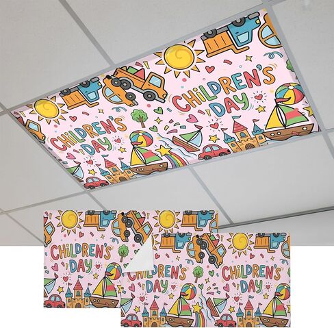 Fluorescent Light Covers, Beige Children's Day Magnetic Light Covers for Ceiling Lights, Car Tree Stars Modern Abstract Art Cartoon Fluorescent Ceiling Shade for Classroom Bedroom Office 4x2Ft x 4PCS in Kuwait