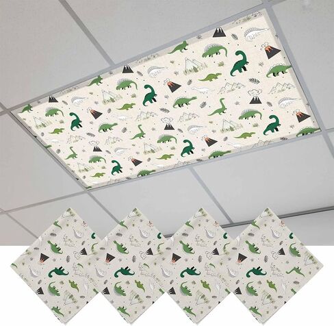 Fluorescent Light Covers, Cartoon Dinosaurs Magnetic Light Covers for Ceiling Lights, Funny Cute Mountain Leaves Herbs Dots Fluorescent Ceiling Shade Filters for Classroom Bedroom Office 4x2Ft x 3PCS in Kuwait