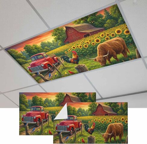 Fluorescent Light Covers, Sunflower Barn Magnetic Light Covers for Ceiling Lights, Farmhouse Cow Rooster Pastoral Sunset Fluorescent Ceiling Shade Filters for Classroom Bedroom Office 4x2Ft x 4PCS in Kuwait