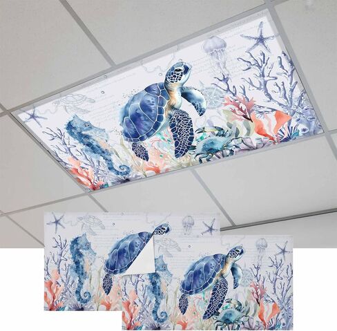 Fluorescent Light Covers, Coastal Animals Magnetic Light Covers for Ceiling Lights, Watercolor Sea Turtle Seahorse Jellyfish Coral Fluorescent Ceiling Shade for Classroom Bedroom Office 4x2Ft x 1PCS in Kuwait