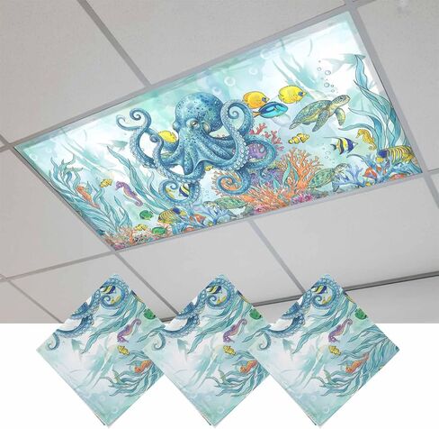 Fluorescent Light Covers, Ocean Animals Magnetic Light Covers for Ceiling Lights, Coastal Octopus Jellyfish Seaweed Coral Green Fluorescent Ceiling Shade for Classroom Bedroom Office 4x2Ft x 1PCS in Kuwait