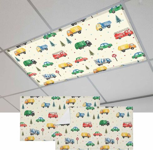Fluorescent Light Covers, Beige Cartoon Truck Magnetic Light Covers for Ceiling Lights, Funny Cute Colorful Car Tree Polka Dot Fluorescent Ceiling Shade for Classroom Bedroom Office 4x2Ft x 2PCS in Kuwait