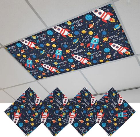 Fluorescent Light Covers, Blue Red Rocket Magnetic Light Covers for Ceiling Lights, Cartoon Stars Modern Abstract Art Fluorescent Ceiling Shade Filters for Classroom Bedroom Office 4x2Ft x 4PCS in Kuwait