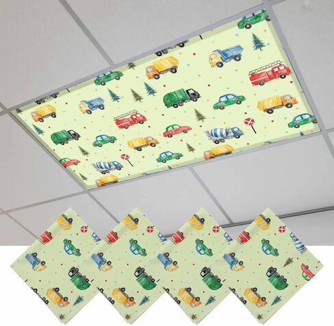 Fluorescent Light Covers, Green Cartoon Truck Magnetic Light Covers for Ceiling Lights, Funny Cute Colorful Car Tree Polka Dot Fluorescent Ceiling Shade for Classroom Bedroom Office 4x2Ft x 1PCS in Kuwait