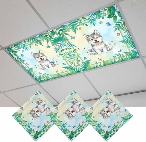 Fluorescent Light Covers, Cartoon Wolf Magnetic Light Covers for Ceiling Lights, Summer Butterfly Flowers Tropical Palm Plants Fluorescent Ceiling Shade for Classroom Bedroom Office 4x2Ft x 2PCS in Kuwait