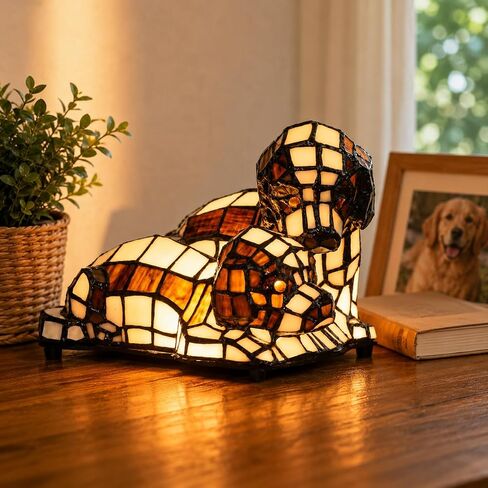 Bieye L10772 Dogs in Love Tiffany Style Stained Glass Accent Table Lamp Night Light for Bedside Living Room Bedroom Animal Pet Lovers Home Decoration in Kuwait