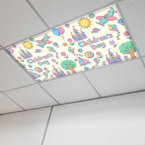 Fluorescent Light Covers, Children's Day Magnetic Light Covers for Ceiling Lights, Airplanes Sailing Boats Tree Cartoon School Fluorescent Ceiling Shade for Classroom Bedroom Office 4x2Ft x 4PCS in Kuwait