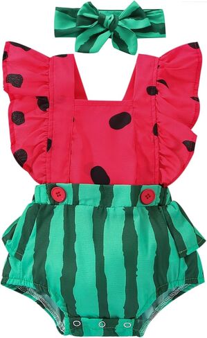 Baby Girls Summer Romper Watermelon Ruffle Backless Halter Bodysuit Tutu Dress Jumpsuit Headbands Set in Kuwait