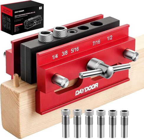 DAYDOOR 2.1" Self Centering Doweling Jig for Straight Holes, Red | 6 Drill Guide Steel Bushings, Adjustable Width, for Professional Woodworking Projects in Kuwait
