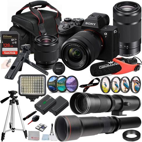 Sony a7 V Mirrorless Camera with 28-70mm & 55-210mm Lens Bundle + 420-800mm & 650-130mm Zoom Lens + 128gb Extreme Accessory Pack Including Wireless Remote Grip, LED Light, Microphone & More (38 Items) in Kuwait