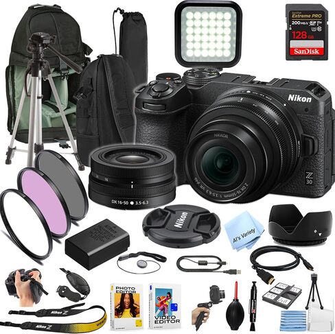 Nikon Z30 Mirrorless Digital Camera W/Nikkor Z 16-50mm Lens + 128GB Extreme Memory, LED Light, Filters, Sling Case, Grip Pod, and More (Pro Photo Bundle) (Renewed) in Kuwait