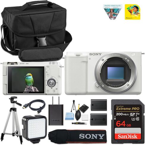 Sony Alpha ZV-E10 (Body Only) Vlog Camera (White)| APS-C Sensor | Compact Creator Tool, 24.2 MP APS-C Sensor, 4K Video, Vari-Angle Screen + Spare Extra Battery + 64GB Card + Camera Case in Kuwait