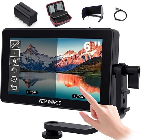 FEELWORLD F6 Plus Camera Monitor 6 Inch Touch Screen 4K 3D LUT HDR Waveform IPS FHD1920x1080, HDMI Field Monitor On DSLR Camera with F750 Battery Tilt Arm Carry Bag in Kuwait