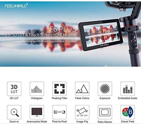 FEELWORLD F6 Plus Camera Monitor 6 Inch Touch Screen 4K 3D LUT HDR Waveform IPS FHD1920x1080, HDMI Field Monitor On DSLR Camera with F750 Battery Tilt Arm Carry Bag in Kuwait