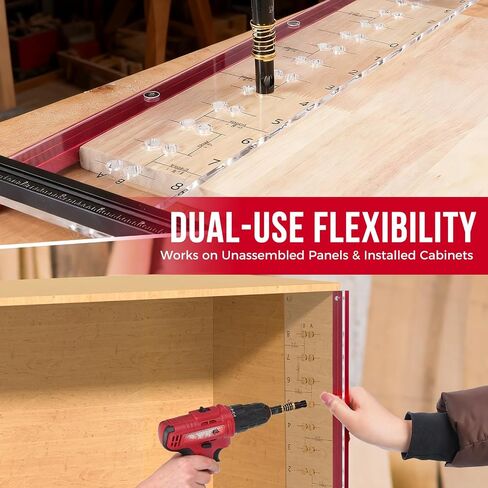 LUNYEE Shelf Pin Jig with Self-Centering Drill Bits, 1/4 Inch & 5mm Shelf Pin Drilling Jig for 32mm System, Cabinet Hole Drilling Template, Cabinet Installation, Closet Shelving, 17 Hole Rows in Kuwait