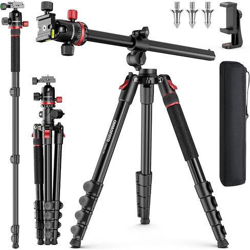 CAMBOFOTO 68" Camera Tripod, Overhead Tripod Horizontal, Detachable Monopod | Tripod for Camera with Metal Ball Head & Spiked feet, Macro & Overhead Shooting, 1/4" Arca QR Plate, 33lb Load Capacity in Kuwait