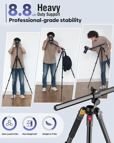 CAMBOFOTO 68" Camera Tripod, Overhead Tripod Horizontal, Detachable Monopod | Tripod for Camera with Metal Ball Head & Spiked feet, Macro & Overhead Shooting, 1/4" Arca QR Plate, 33lb Load Capacity in Kuwait