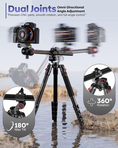 CAMBOFOTO 68" Camera Tripod, Overhead Tripod Horizontal, Detachable Monopod | Tripod for Camera with Metal Ball Head & Spiked feet, Macro & Overhead Shooting, 1/4" Arca QR Plate, 33lb Load Capacity in Kuwait