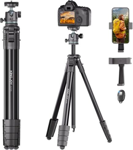 KINGJOY 72'' Aluminum Camera Tripod, Travel Tripod with 360° Ball Head, Phone Holder, Carry Bag, Wireless Remote Control, Compatible with DSLR, Phone, Spotting Scopes, Laser Level, Max Load 11 lb in Kuwait