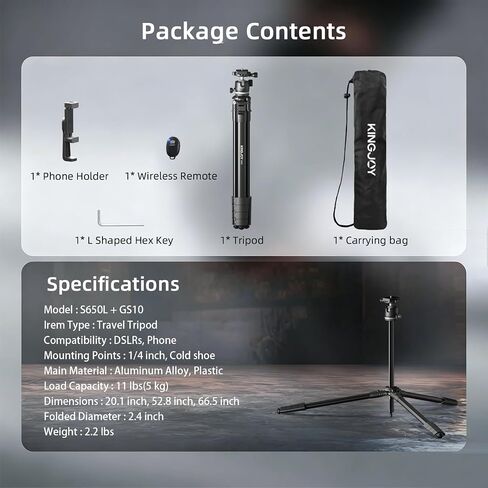 KINGJOY 72'' Aluminum Camera Tripod, Travel Tripod with 360° Ball Head, Phone Holder, Carry Bag, Wireless Remote Control, Compatible with DSLR, Phone, Spotting Scopes, Laser Level, Max Load 11 lb in Kuwait