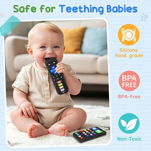 2 Pack Remote & Phone Teething Toys for 0-6 6-12 Months, BPA Free Silicone | Multi-Texture for Teething Relief, Baby Chew Toy, Easy to Clean, Easy to Grip, Baby Teether, Gifts for Newborns Infants in Kuwait