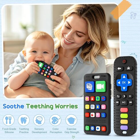 2 Pack Remote & Phone Teething Toys for 0-6 6-12 Months, BPA Free Silicone | Multi-Texture for Teething Relief, Baby Chew Toy, Easy to Clean, Easy to Grip, Baby Teether, Gifts for Newborns Infants in Kuwait