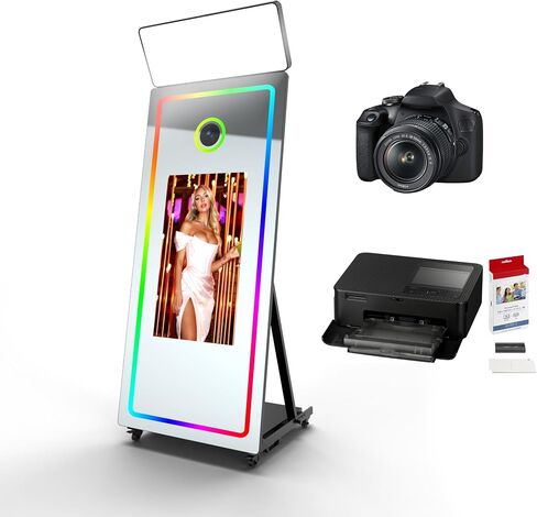 Magic Mirror Photo Booth, 65’’ Mirror Photo Booth, 43’’ Interactive Touch Screen, Built-in Mini PC with Instant Print and Sharing(with Camera and Mini Printer)-White in Kuwait