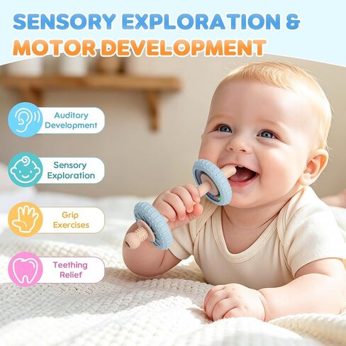 2-in-1 Baby Teether Rattle Toy for 3-12 Months, Silicone Teething Straw | Textured Massage Ends, BPA-Free, Easy Grip, Soft & Flexible, Hollow Straw Design, Baby Teething Toys, Infant Chew Stick Toys in Kuwait