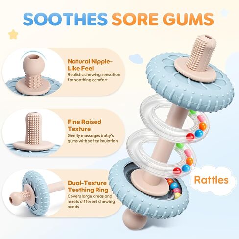 2-in-1 Baby Teether Rattle Toy for 3-12 Months, Silicone Teething Straw | Textured Massage Ends, BPA-Free, Easy Grip, Soft & Flexible, Hollow Straw Design, Baby Teething Toys, Infant Chew Stick Toys in Kuwait