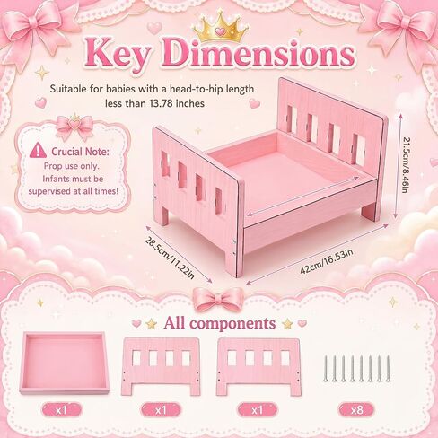 AceOrbit Photography Bed Props Wooden Vintage Photo Prop Photoshoot Props for Studio Photographers Photo Sessions Detachable Bed, 16.5 x 11 Inch (Pink) in Kuwait