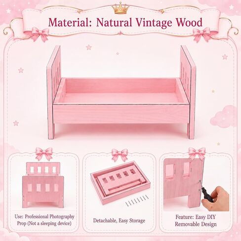 AceOrbit Photography Bed Props Wooden Vintage Photo Prop Photoshoot Props for Studio Photographers Photo Sessions Detachable Bed, 16.5 x 11 Inch (Pink) in Kuwait