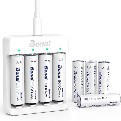 BONAI Rechargeable Lithium AA Batteries with Charger, 3000mWh 1.5V AA Batteries for Blink Camera 8 Count with 2H Fast Charge- Blue in Kuwait